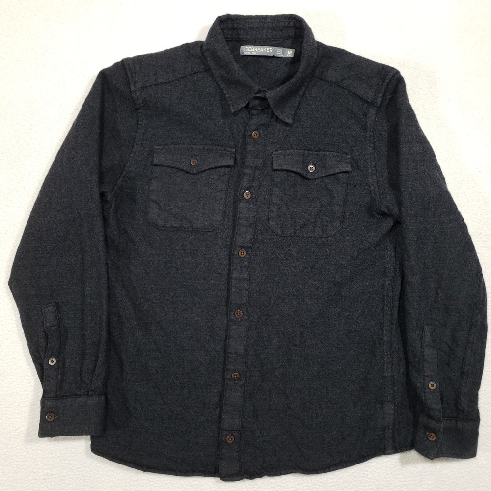 Icebreaker Flannel Button Up Shirt Mens Medium Gray Merino Wool Shrunk Outdoor